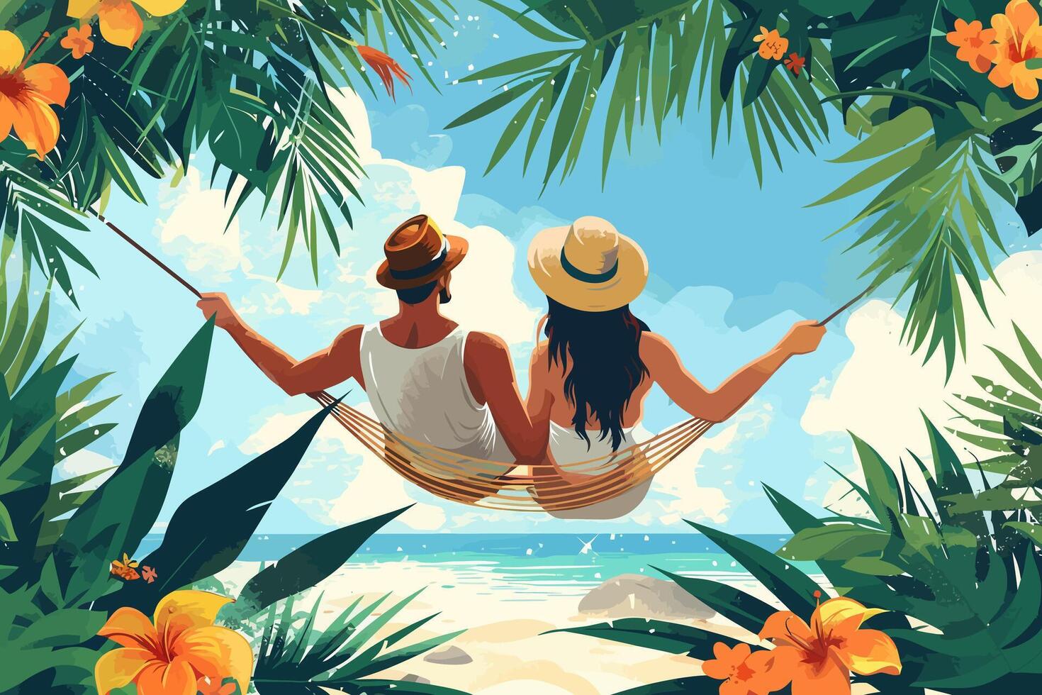 Couple relaxing in a hammock in a tropical garden with vibrant green leaves and serene surroundings. Flat illustration vector