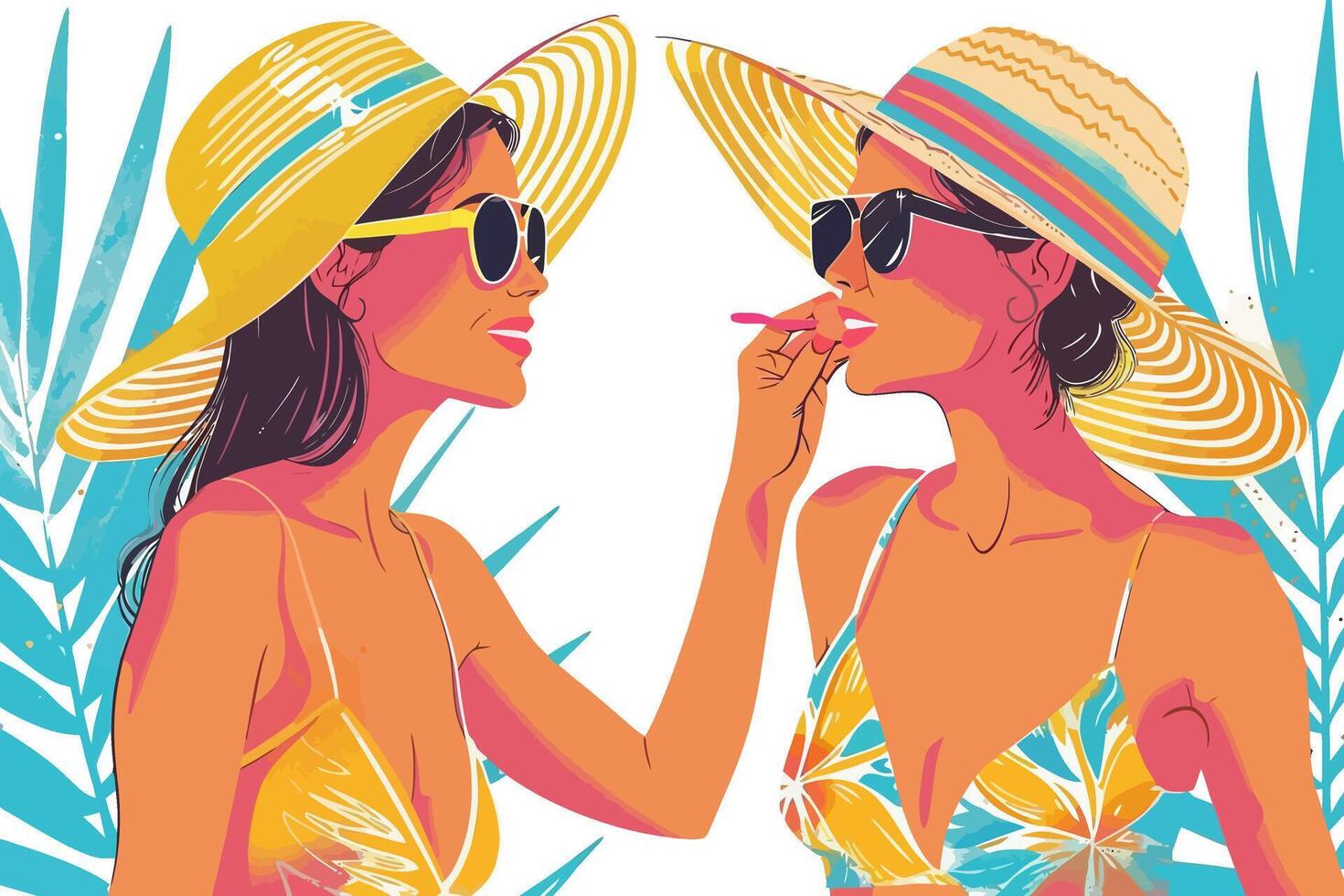 Two women enjoying a tropical day in sun hats, chatting and applying lip balm, with a vibrant backdrop of tropical leaves. Flat illustration vector