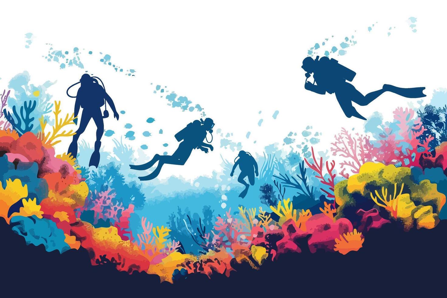 Scuba divers exploring a vibrant coral reef, flat illustration vector