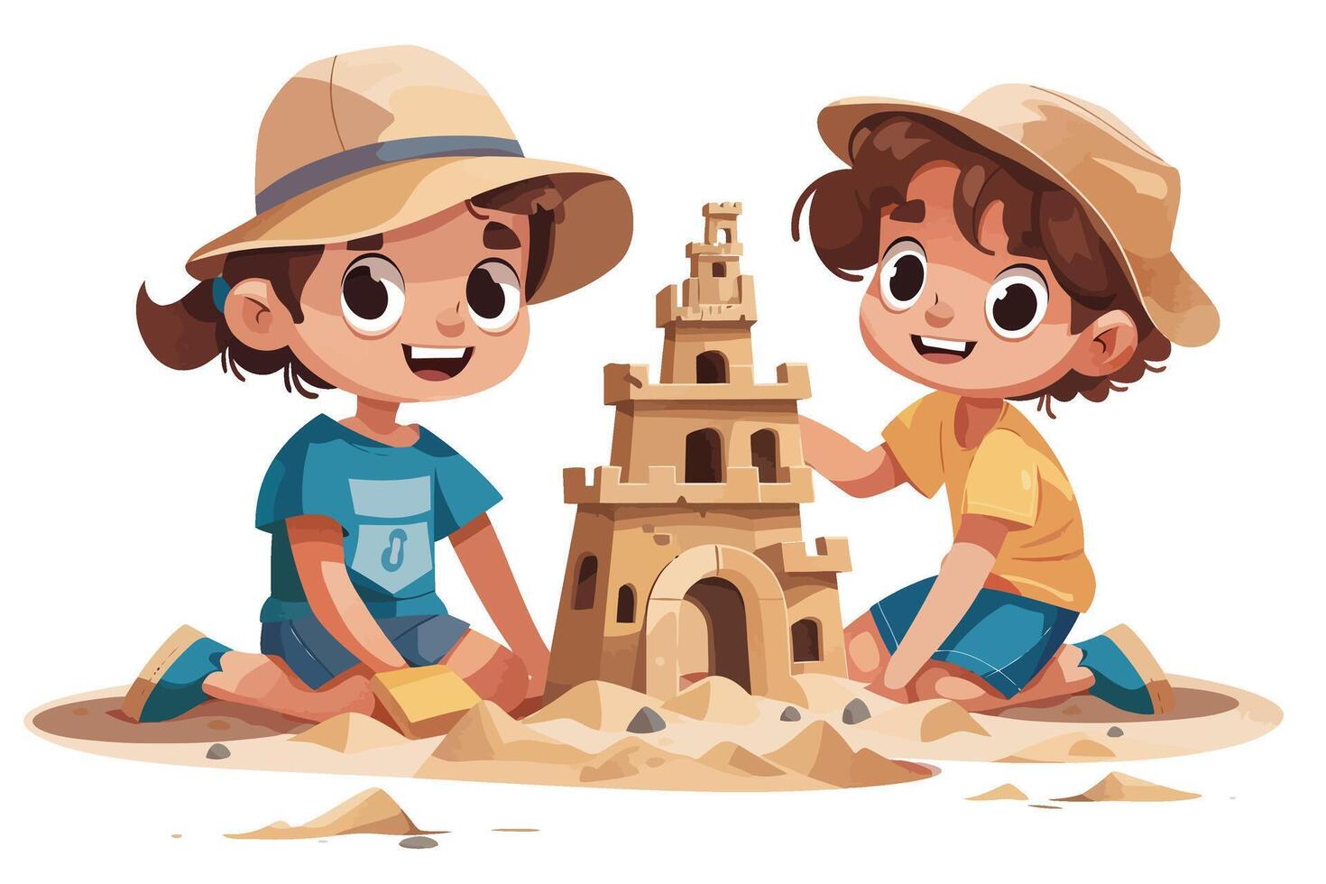 Two children happily building a large sandcastle on the beach, enjoying a playful day in the sun. Flat illustration. vector