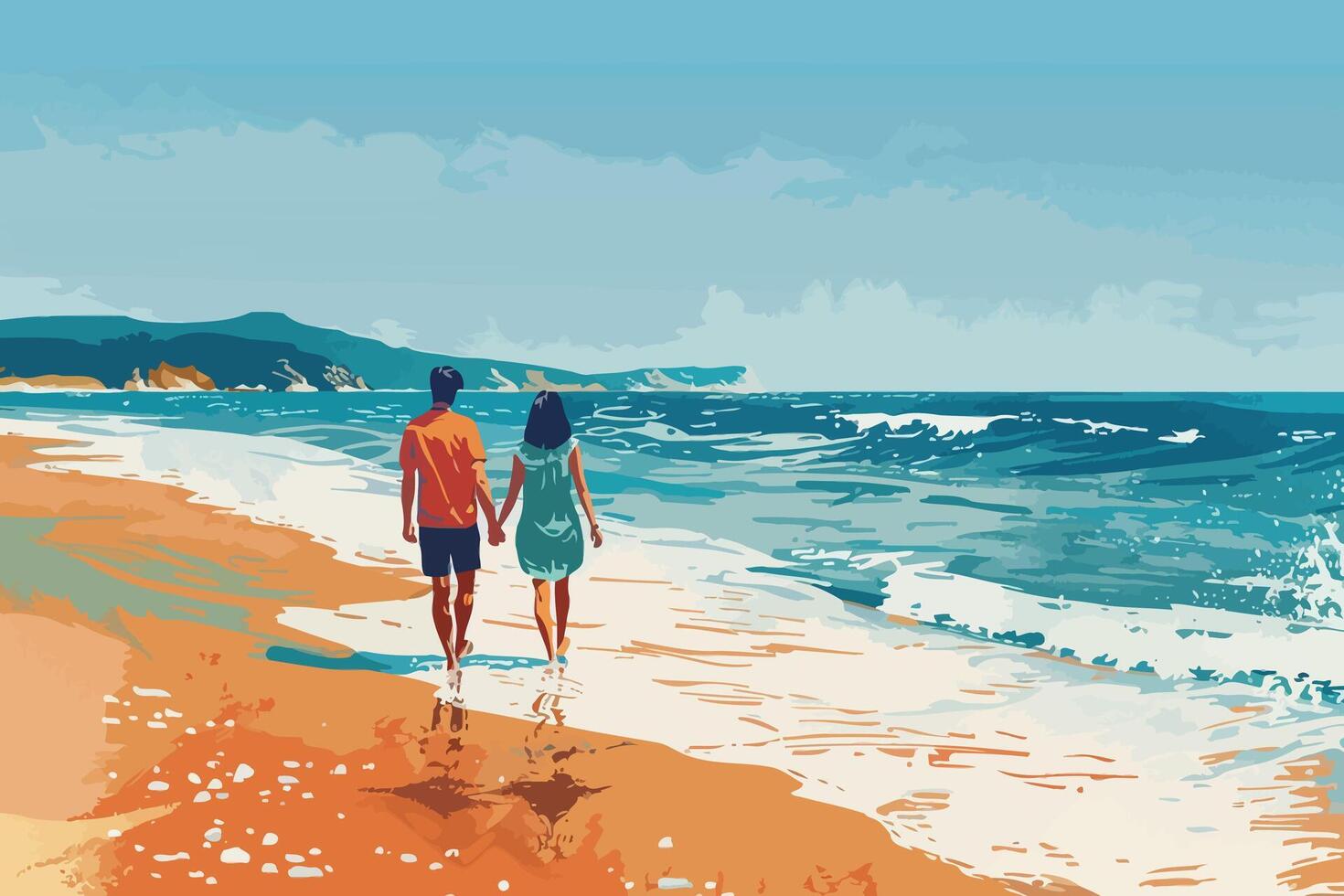 A couple walking hand in hand along the beach with waves gently crashing on the shore and a picturesque coastal view. Flat illustration. vector