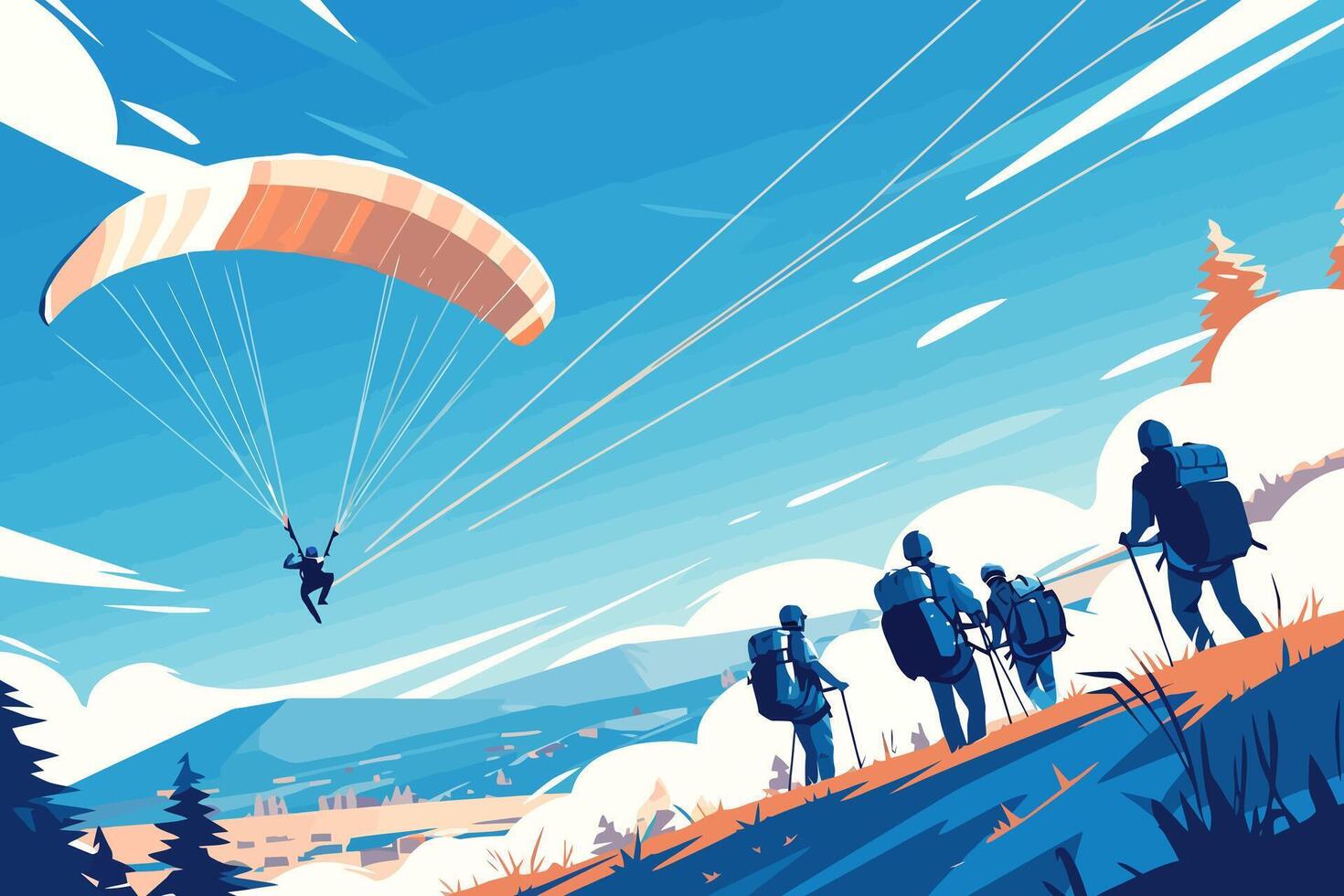 Paraglider landing as hikers watch, flat illustration vector