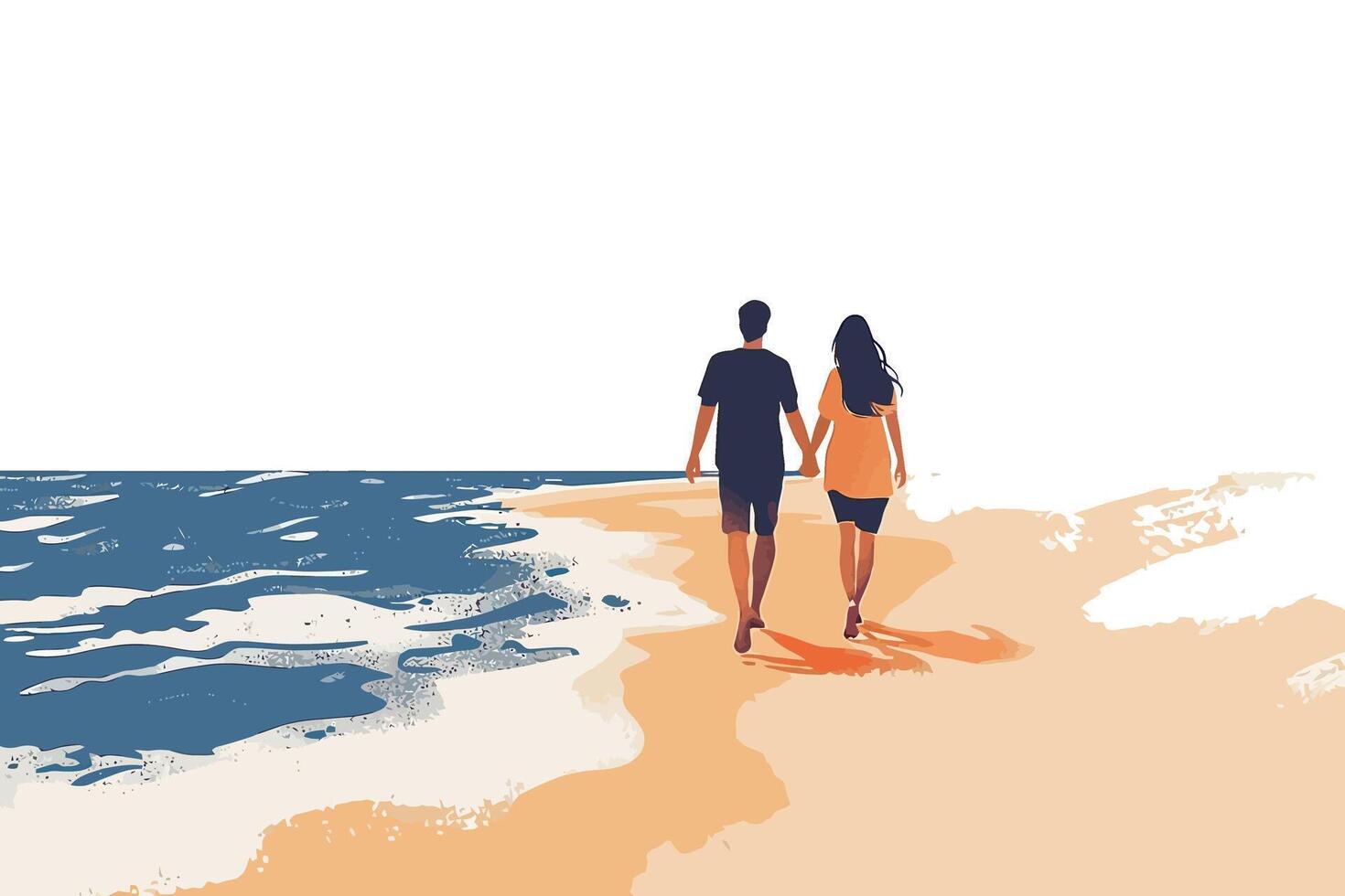A couple walking hand in hand along the beach, with gentle ocean waves lapping at the shore. Flat illustration. vector
