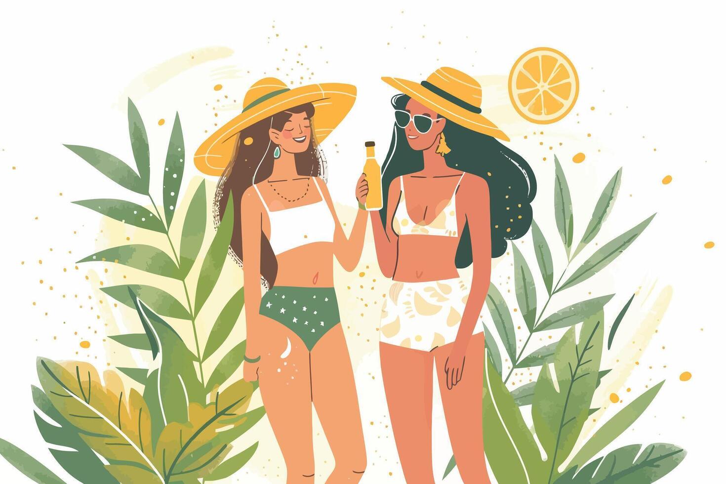 Two women enjoying a tropical summer day with lush green foliage and vibrant sunshine. Flat illustration vector