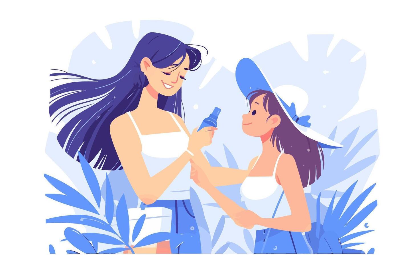 Mother applying sunscreen to her daughter, flat illustration vector