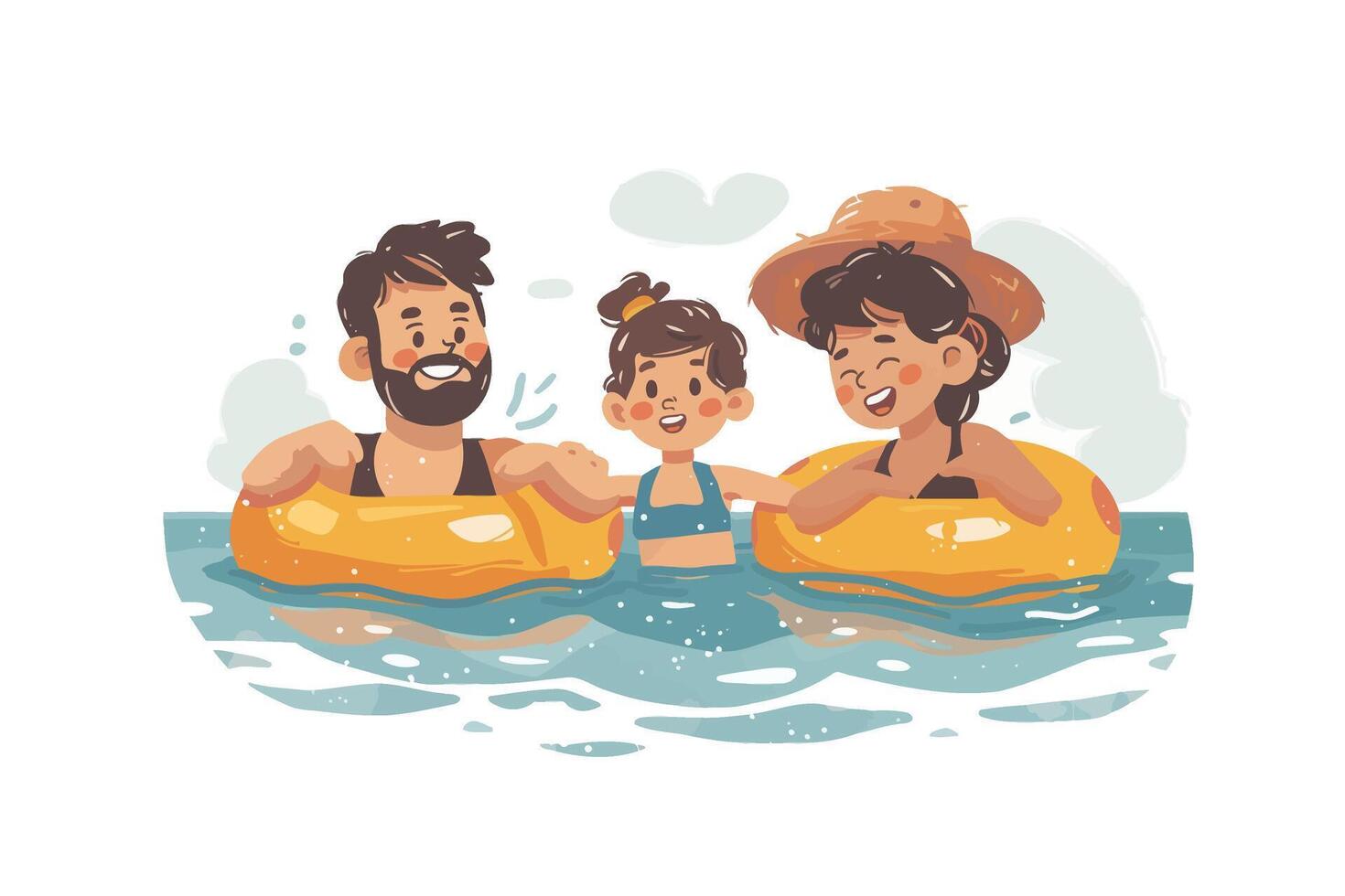 Family enjoying a day in the water with smiles and joy, floating on inflatable tubes. Flat illustration vector