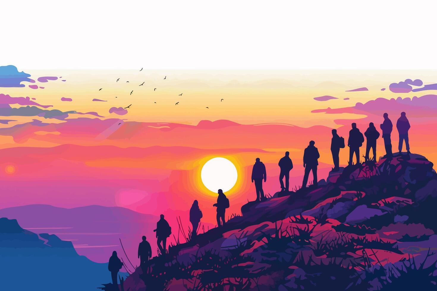 Hikers standing on a mountain peak at sunset, flat illustration vector