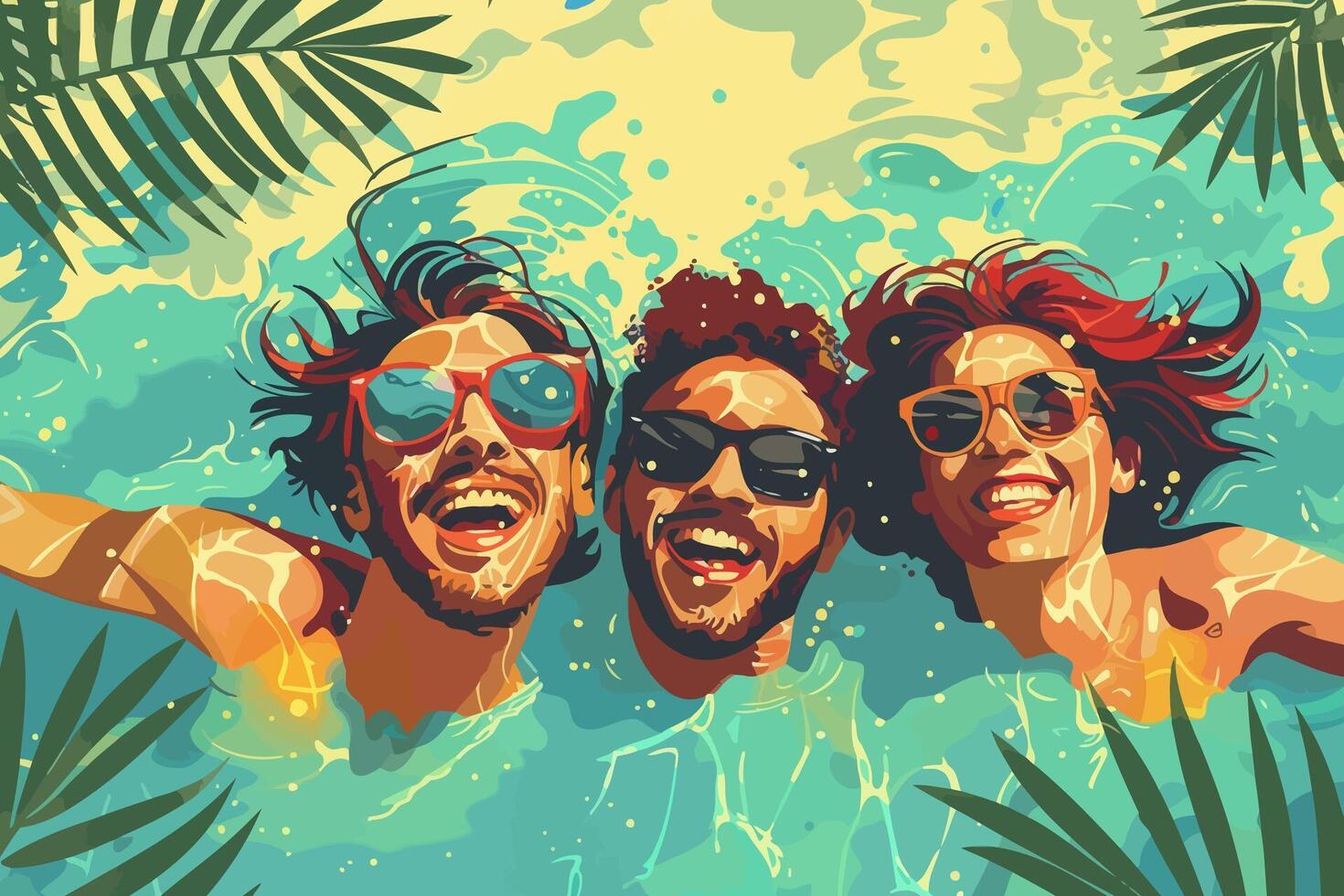 Friends enjoying a swim in the tropical sea, smiling and having fun under the sun. Flat illustration vector