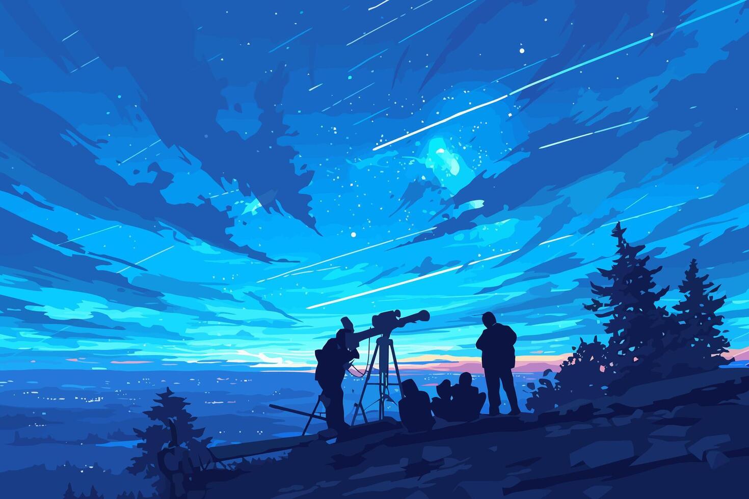 Group of people stargazing and observing the night sky with telescopes on a hill. Flat illustration. vector