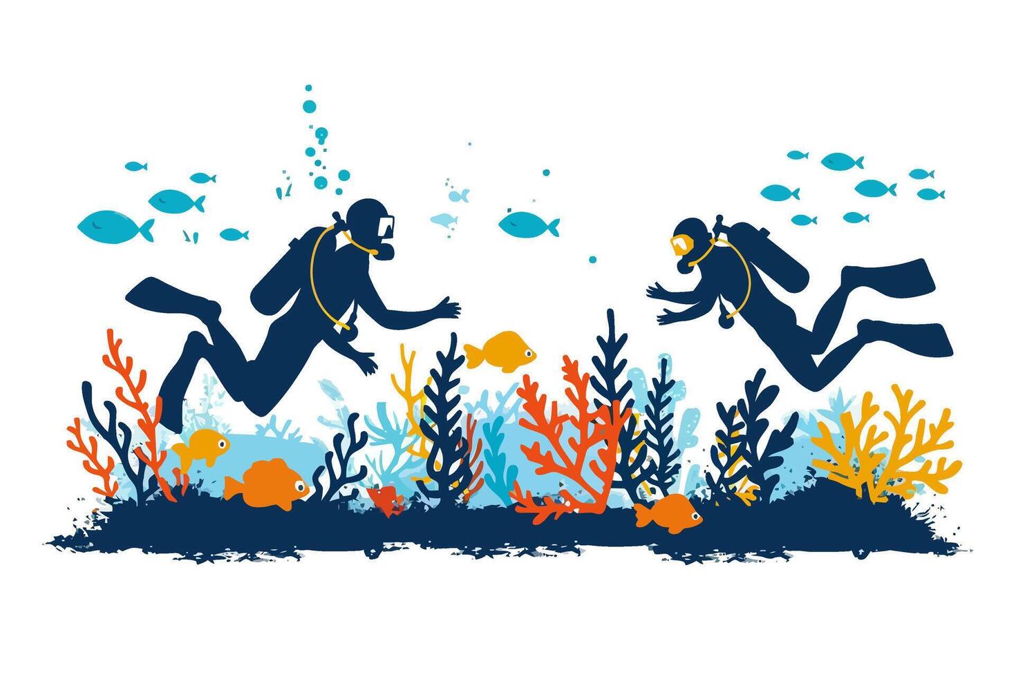 Two scuba divers swimming underwater among colorful coral reefs and fish. Flat illustration. vector