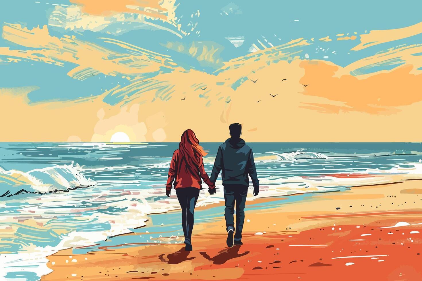 A couple walking on the beach at sunset, enjoying the serene atmosphere with a beautiful view of the sun setting over the ocean. Flat illustration. vector