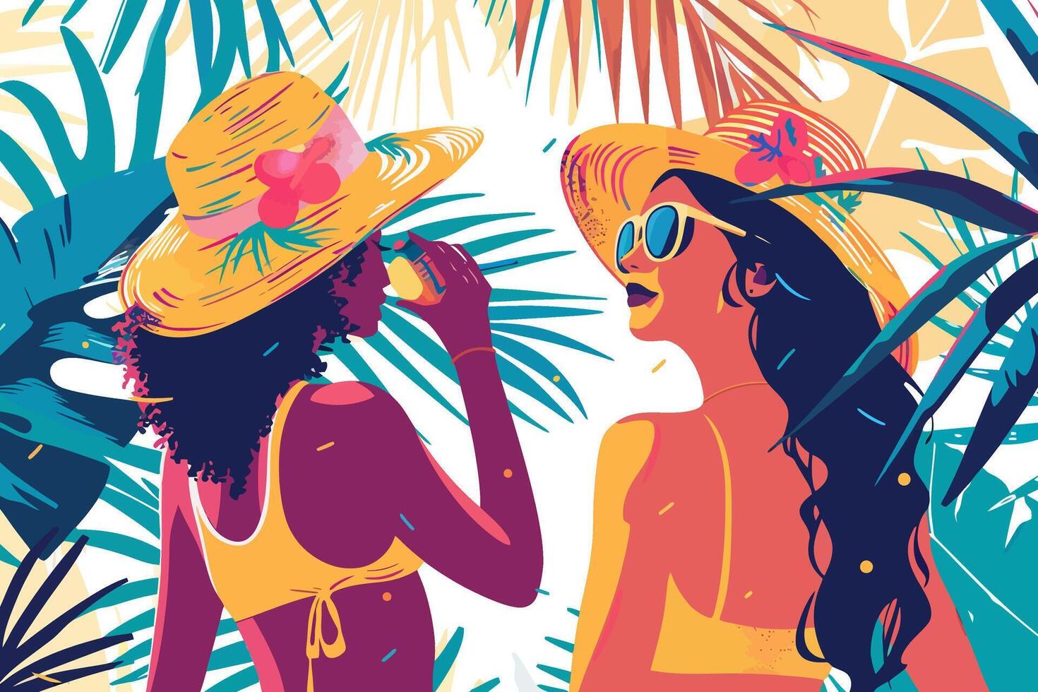Two women in summer hats enjoying tropical surroundings with lush green foliage and sunny weather. Flat illustration vector