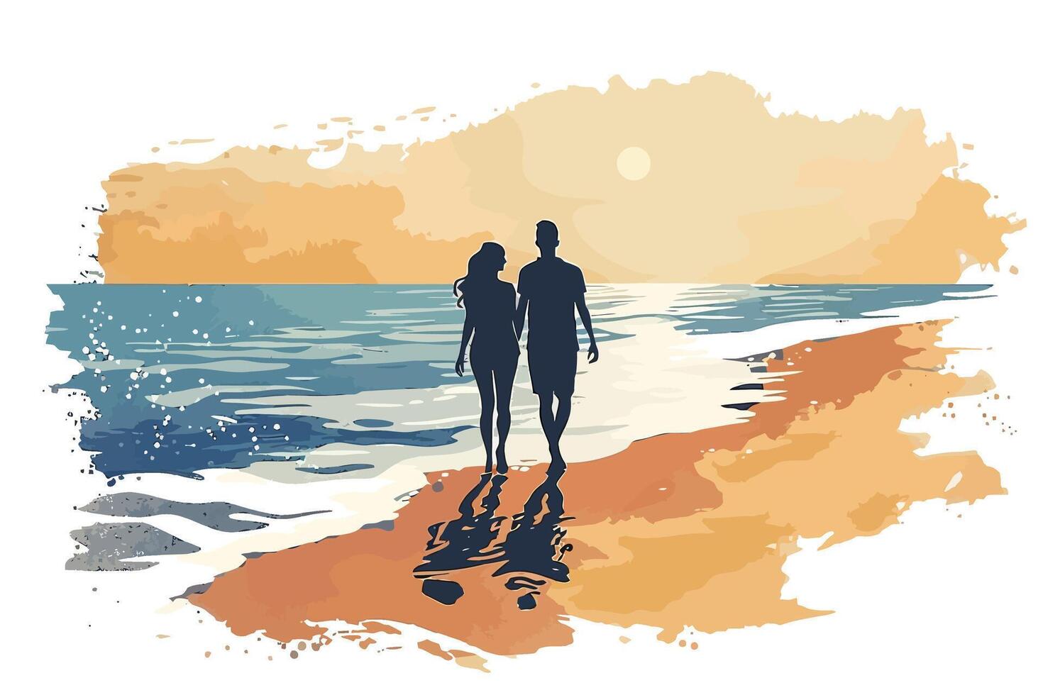 A couple walking hand in hand on the beach at sunrise, with the sun rising over the ocean. Flat illustration. vector