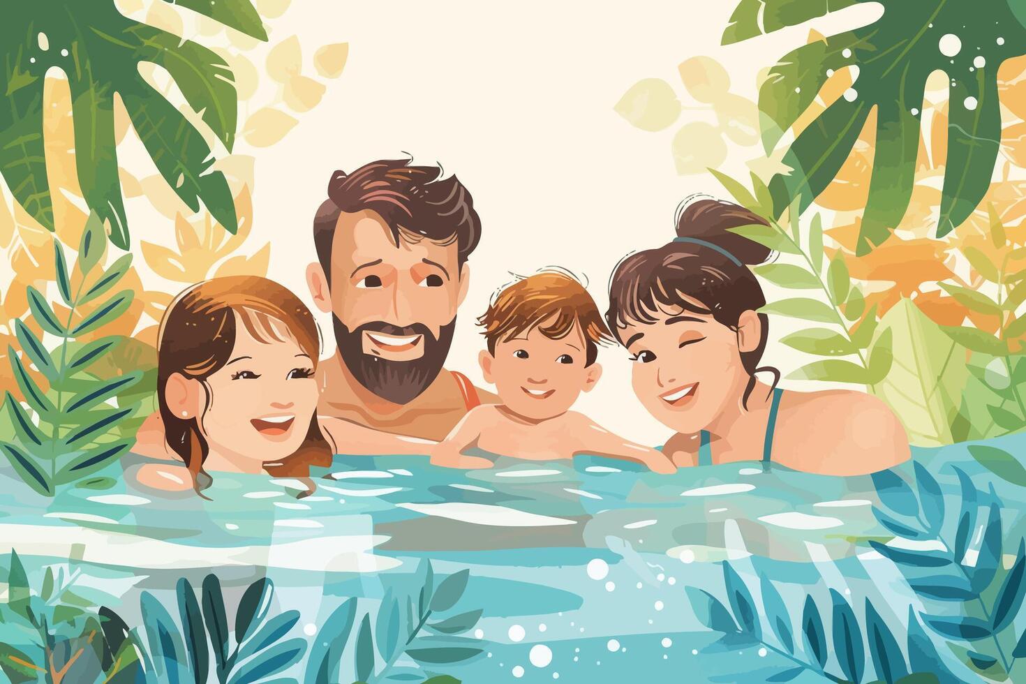 A family enjoying a swim in a tropical pool surrounded by lush foliage, with smiles and laughter. Flat illustration. vector