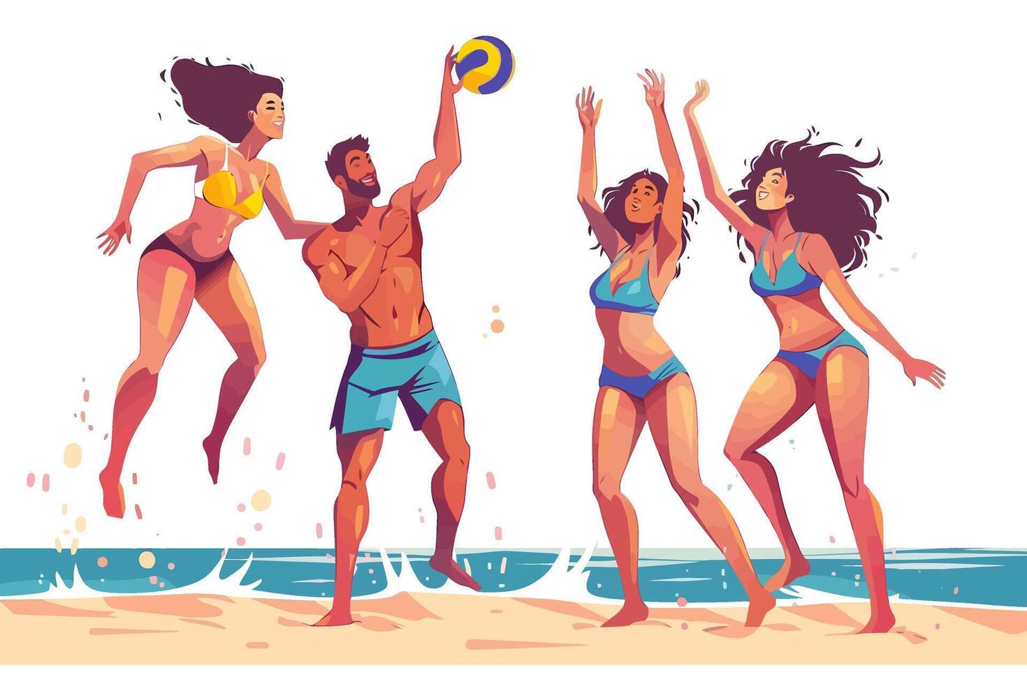 A group of friends playing beach volleyball, enjoying an energetic game on a sunny day by the sea. Flat illustration. vector
