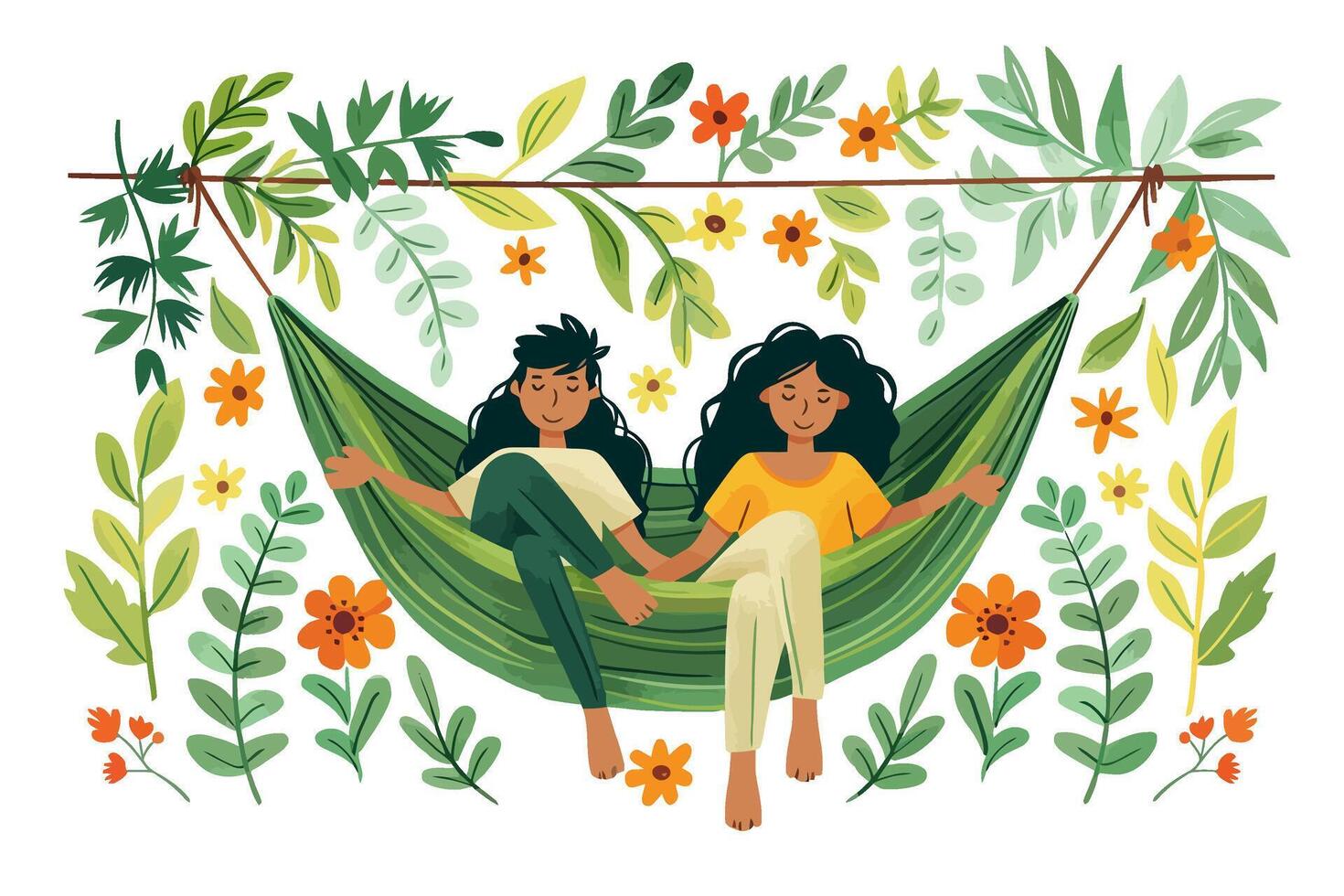 Two people relaxing in a hammock surrounded by green leaves and colorful flowers, enjoying a peaceful moment. Flat illustration vector