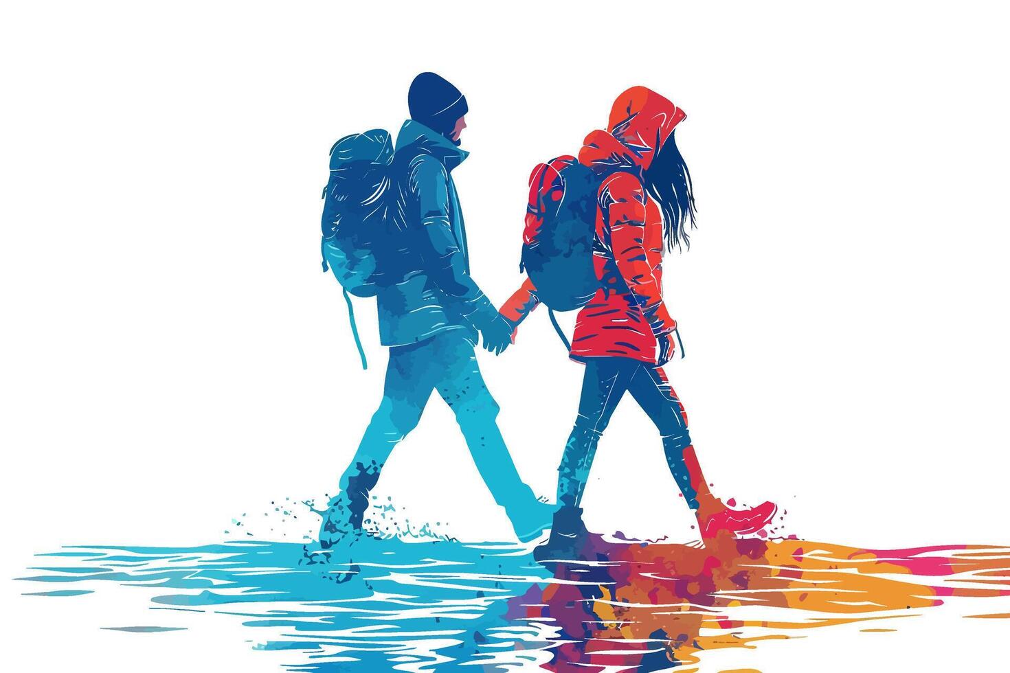 A couple holding hands and walking in the rain, dressed in colorful raincoats and backpacks, enjoying a rainy day. Flat illustration. vector