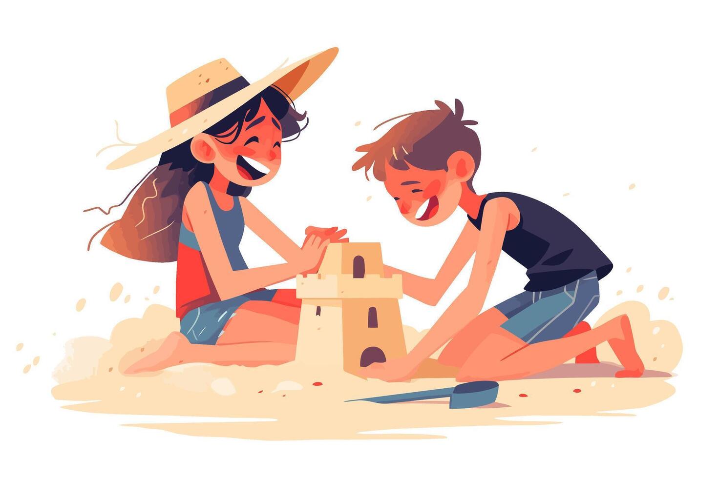 Two children happily building a sandcastle on the beach, enjoying a sunny day with a playful atmosphere. Flat illustration. vector