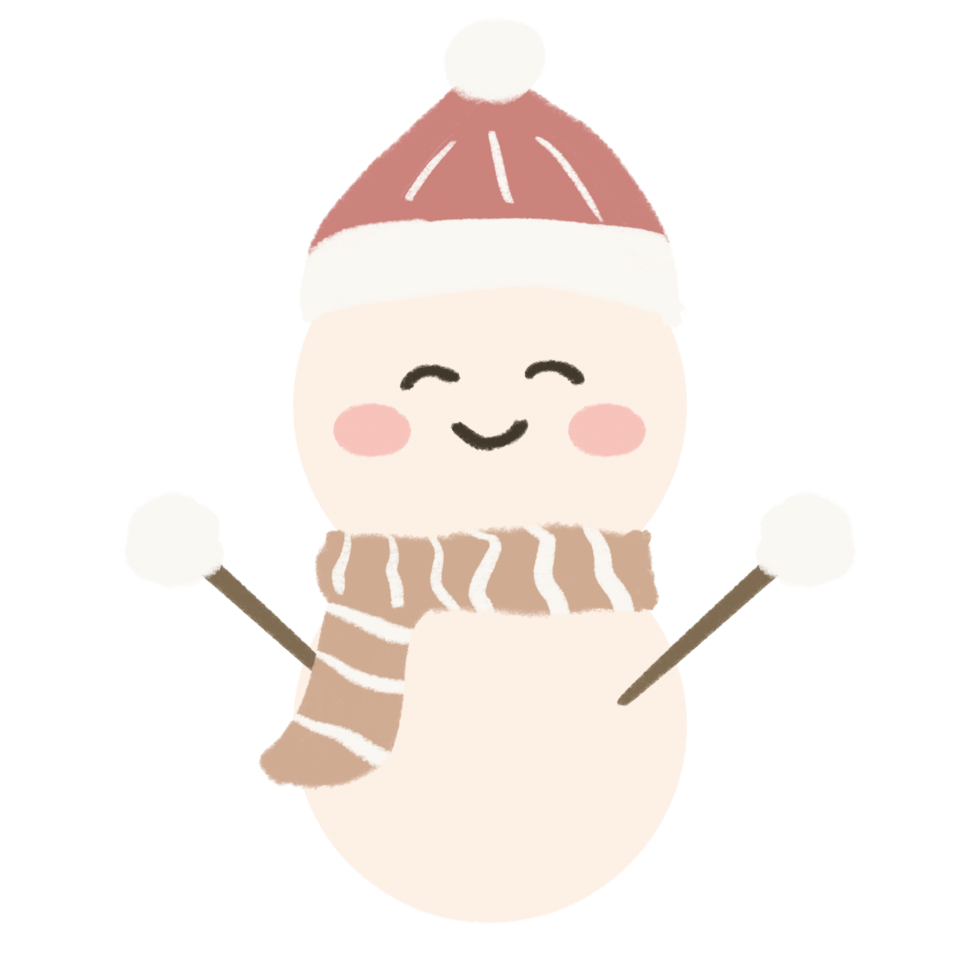 Cute Smile face Red Stripes wool hat Brown striped scarf Snow man Illustration png