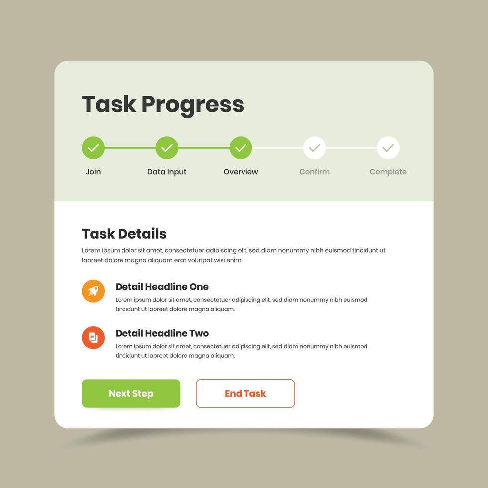 Task progress steps controller or tracker ui design with summary text for mobile and web application vector