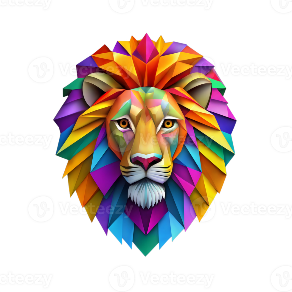 Abstract multicolored lion's head created with geometric patterns, embodying strength and art png