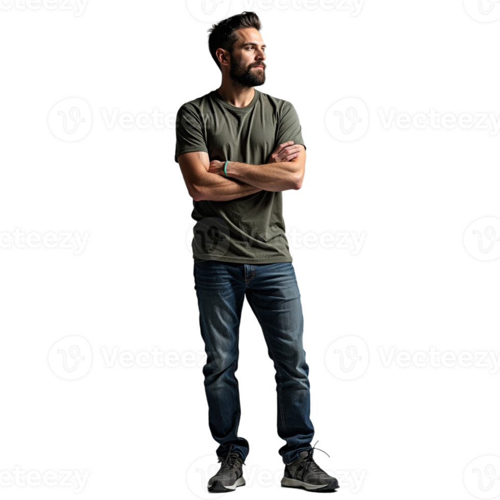 uma homem carrinhos com dele braços cruzado, olhando para a certo, vestindo uma verde camiseta, azul jeans, e Preto tênis png