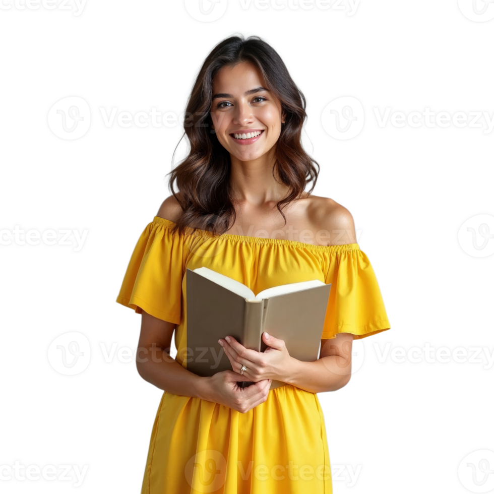 A woman in a yellow dress smiles while holding an open book png