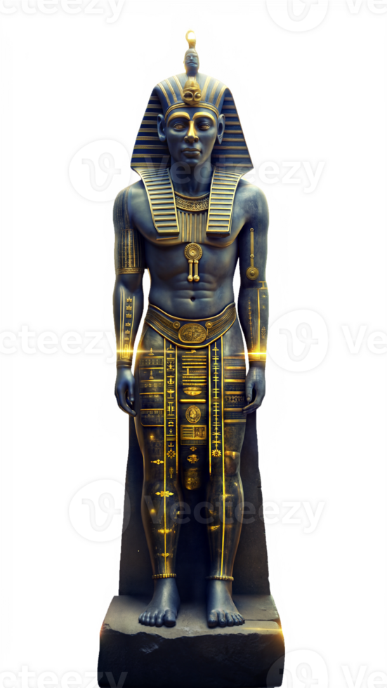Statue of an ancient Egyptian Pharaoh, standing tall and adorned with symbolic details png