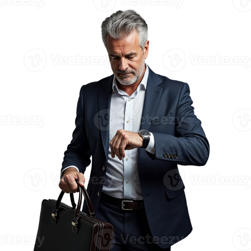 A businessman in a suit checks his watch while holding a briefcase png