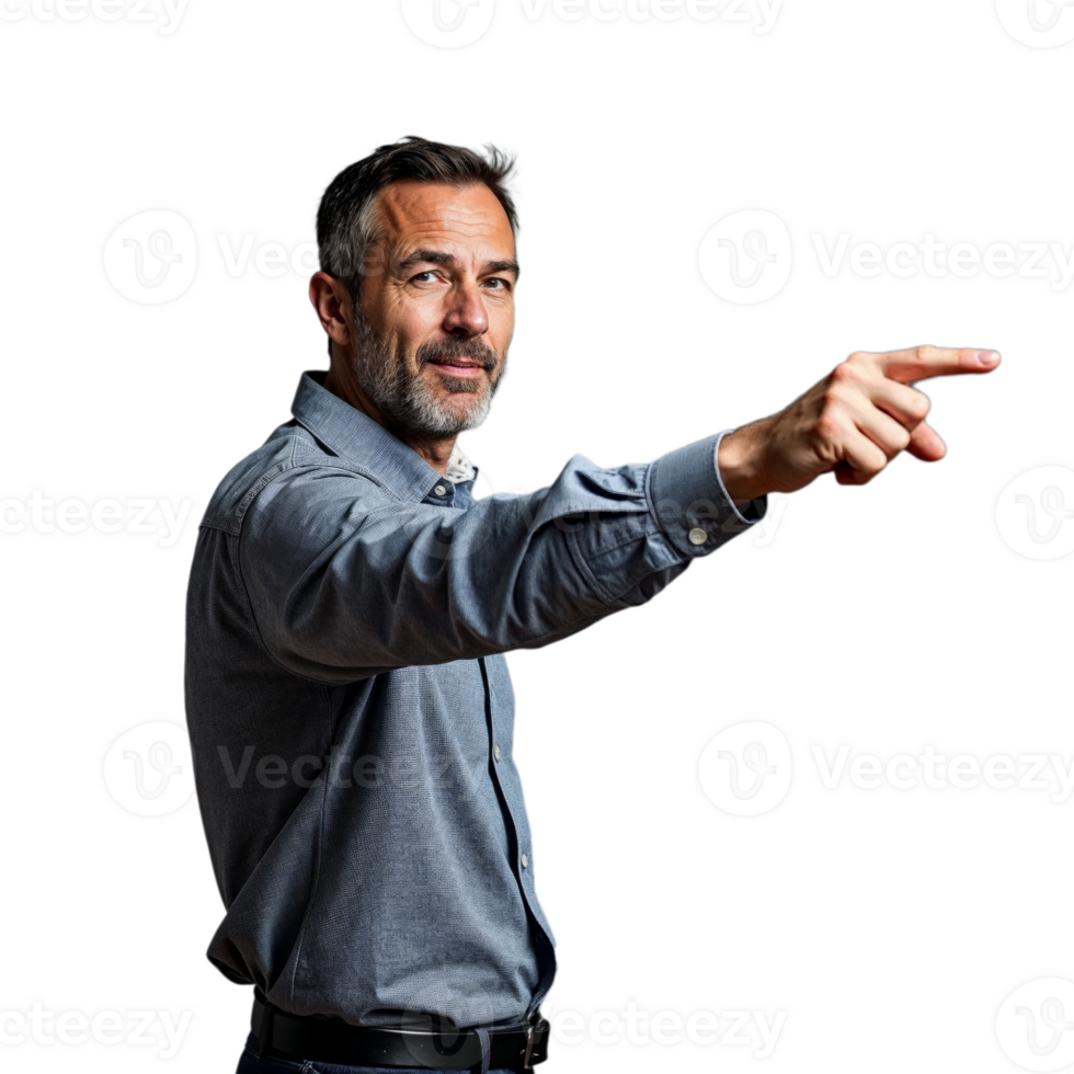 A man in a blue button-down shirt points to the right while looking directly at the camera png