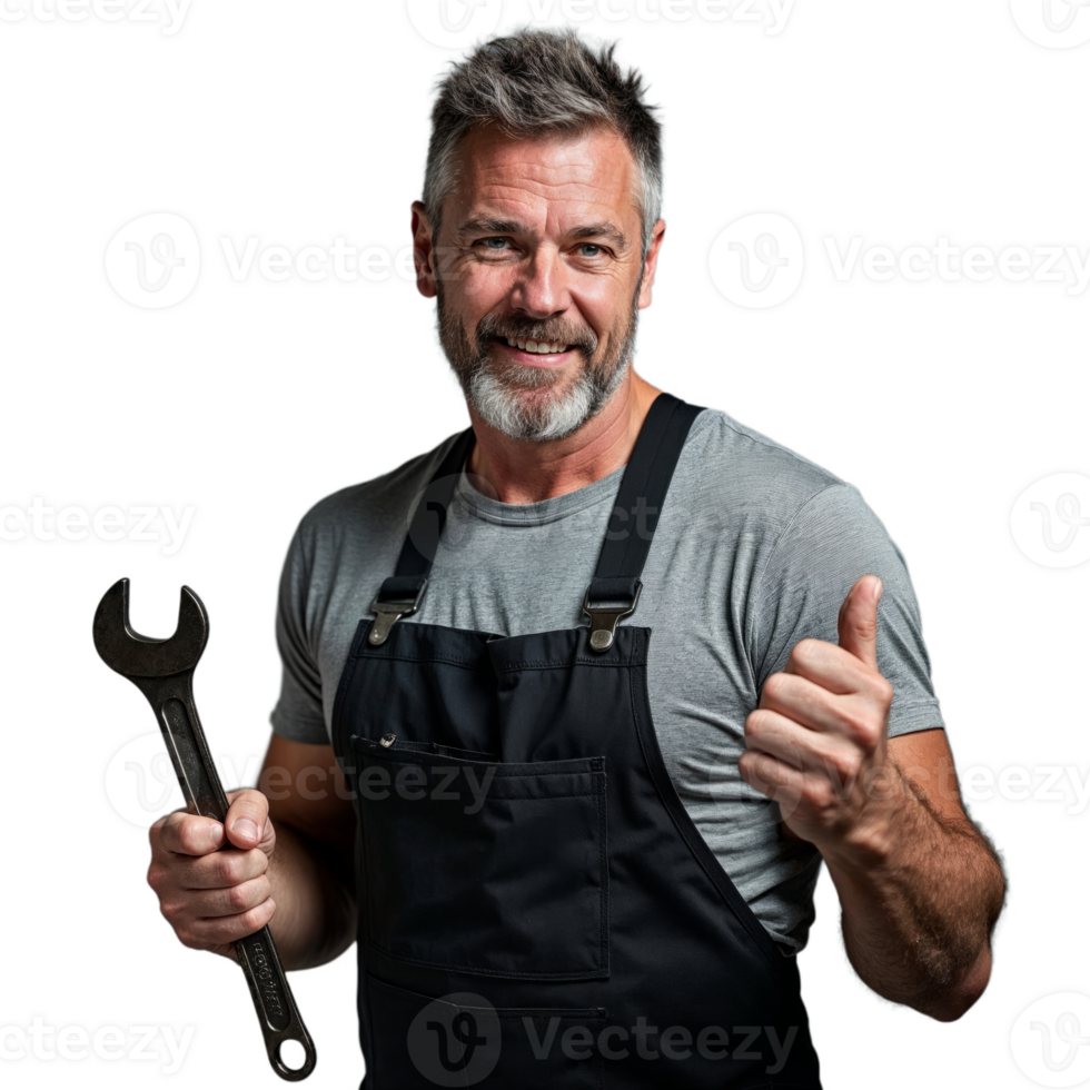 A man in overalls holds a wrench and gives a thumbs-up, smiling confidently png