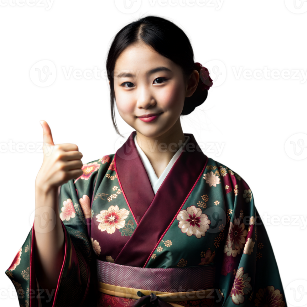 jung Frau im ein Blumen- Kimono geben ein Daumen hoch, symbolisieren Positivität und kulturell Stolz png