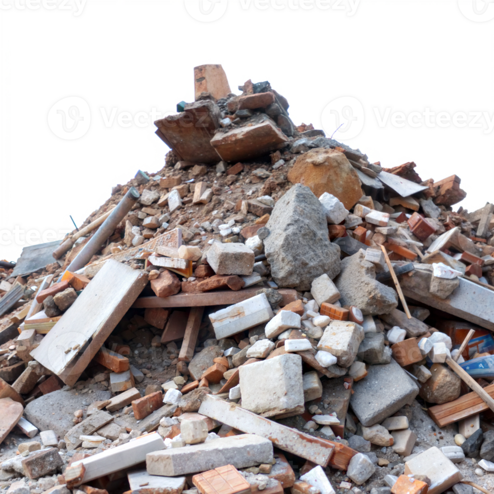 Heap of construction debris including broken wood, bricks, and concrete png