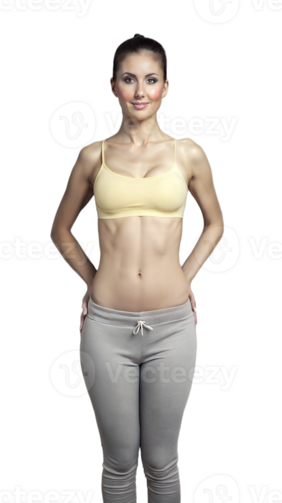 Fit woman in sports bra and leggings, showing toned abs and confident pose png