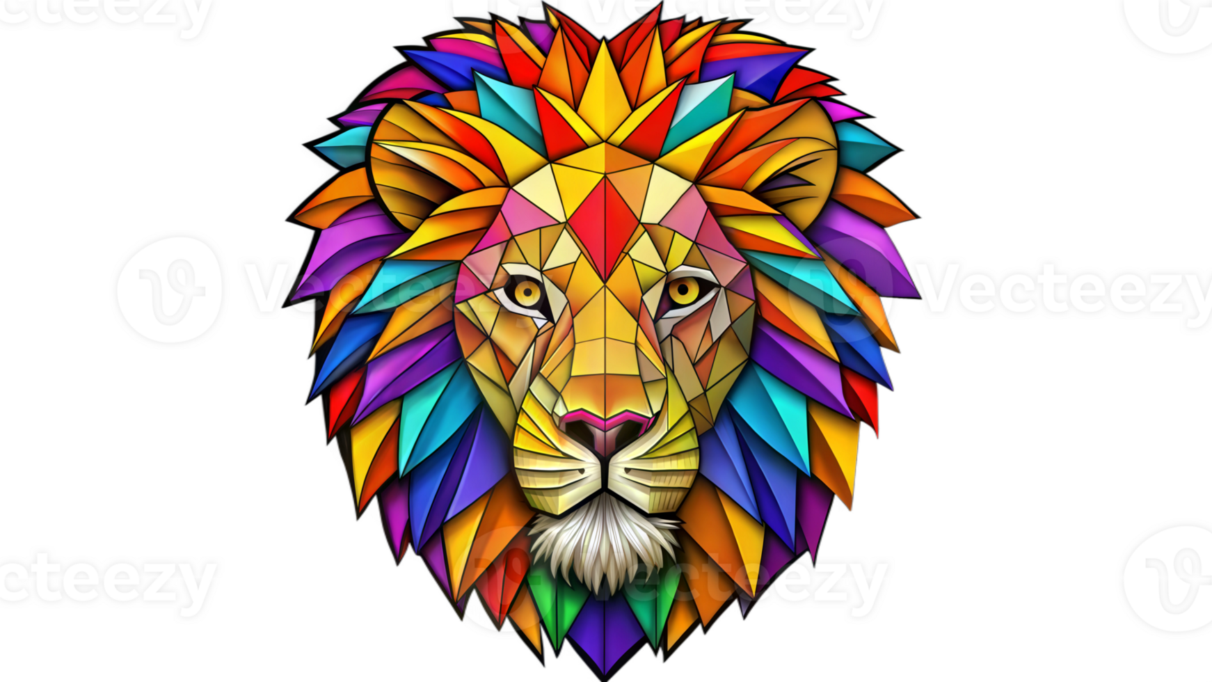 Brightly colored lion head made of geometric shapes, symbolizing power and creativity png