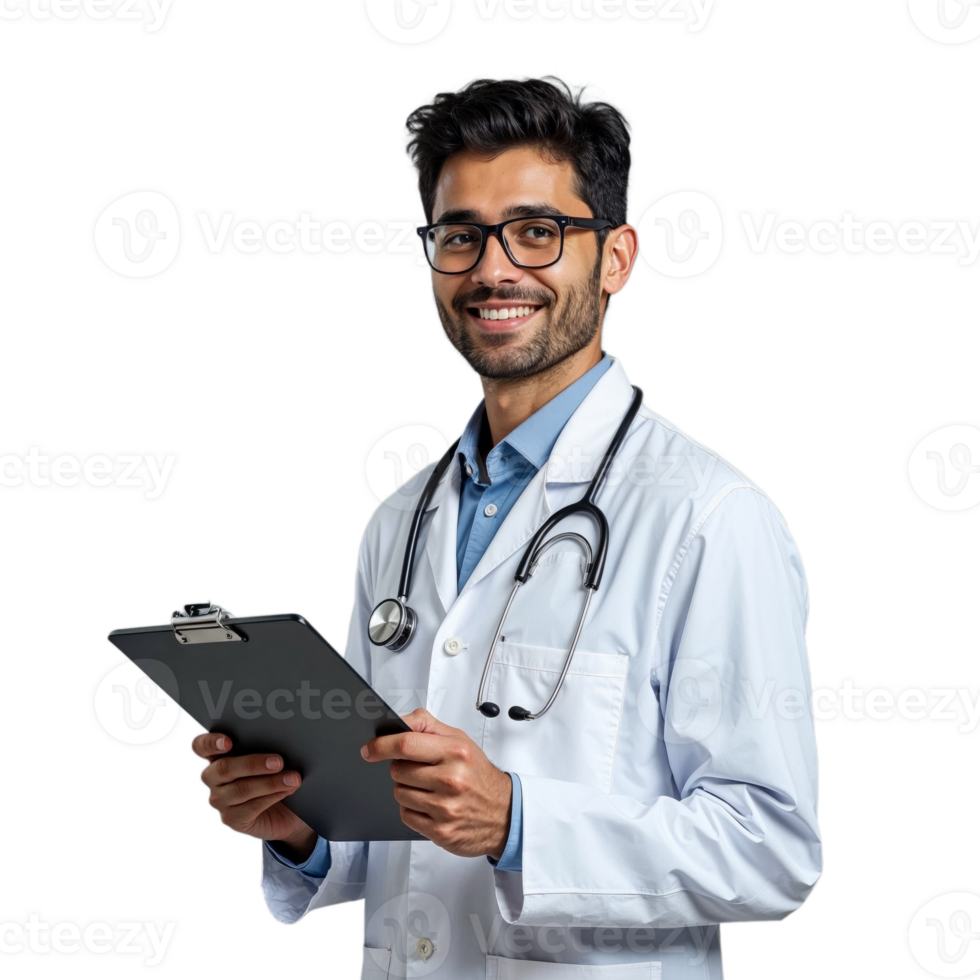 A male doctor wearing a white coat and stethoscope smiles while holding a clipboard png