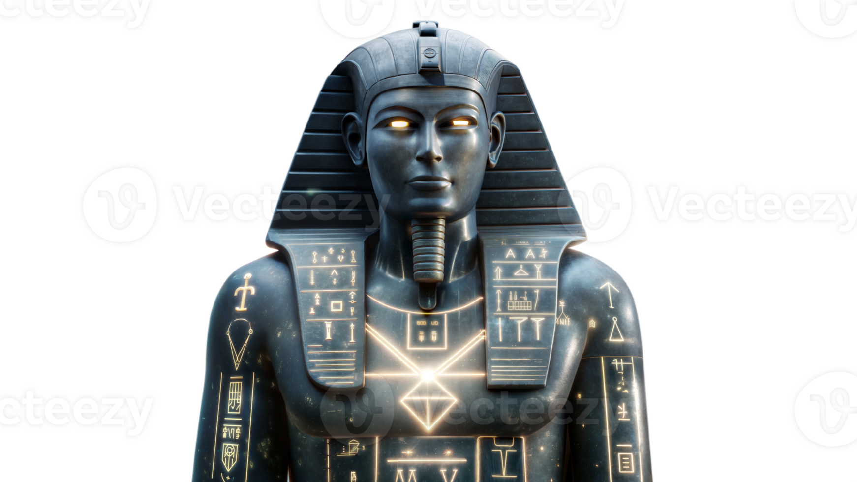 Black Pharaoh statue with glowing symbols, symbolizing ancient Egyptian mysticism png
