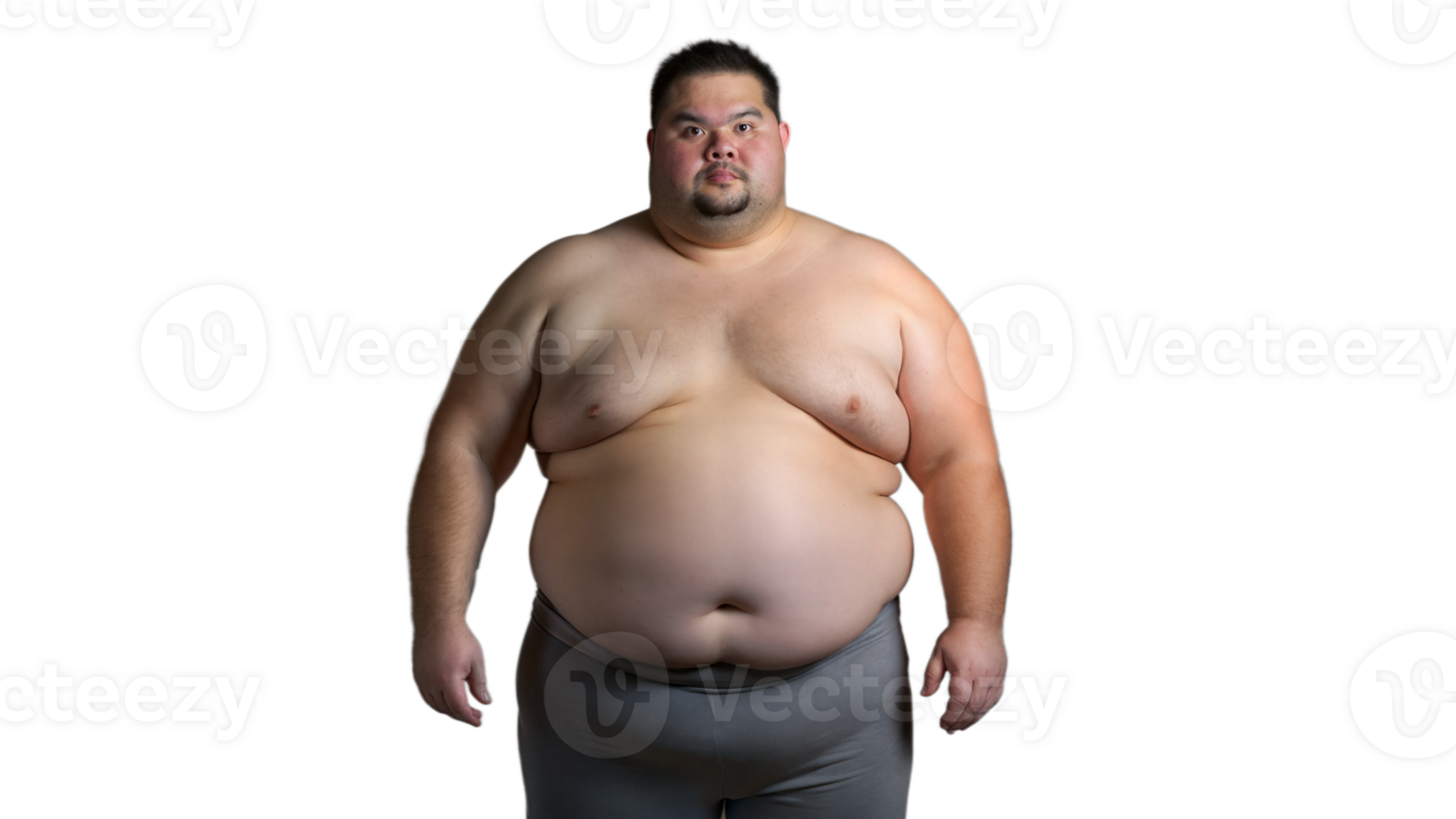 Obese man standing confidently, shirtless, on a transparent background png