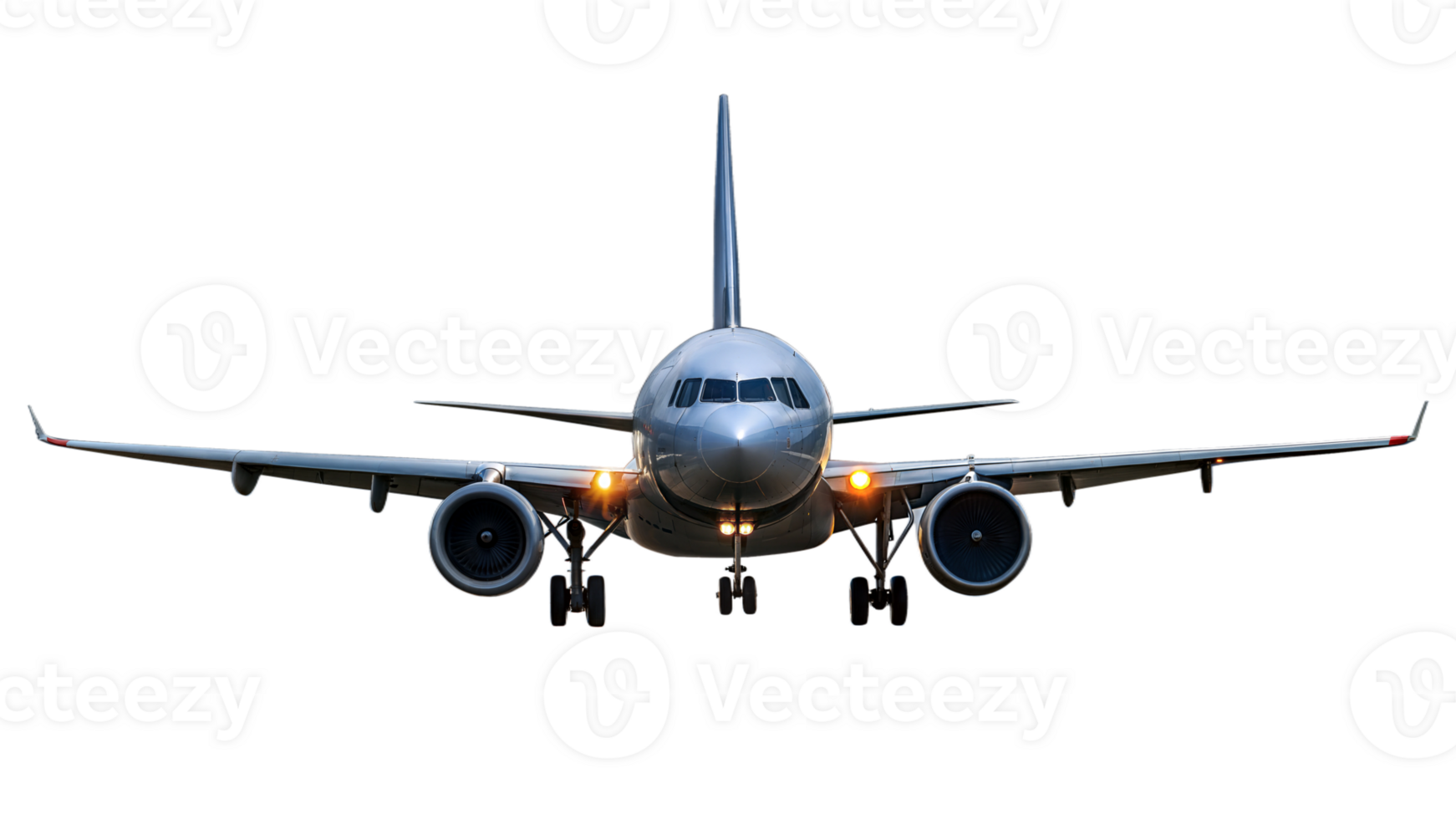 Commercial airplane in flight, viewed from the front, ready for takeoff png