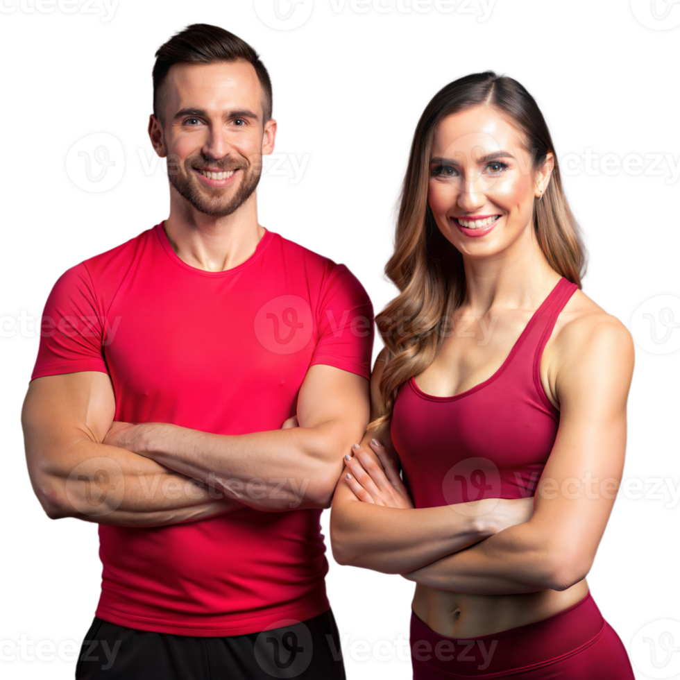 Athletic couple in matching gym attire, smiling and standing proudly together png