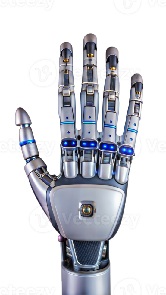 Closeup of a robotic hand, highlighting mechanical fingers and advanced engineering png