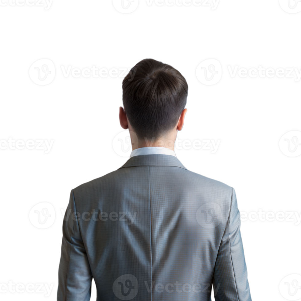 Man in a gray suit seen from the back, facing a transparent background png