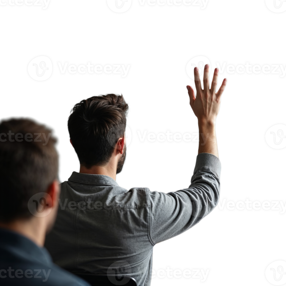 A man raises his hand to ask a question during a meeting or lecture png