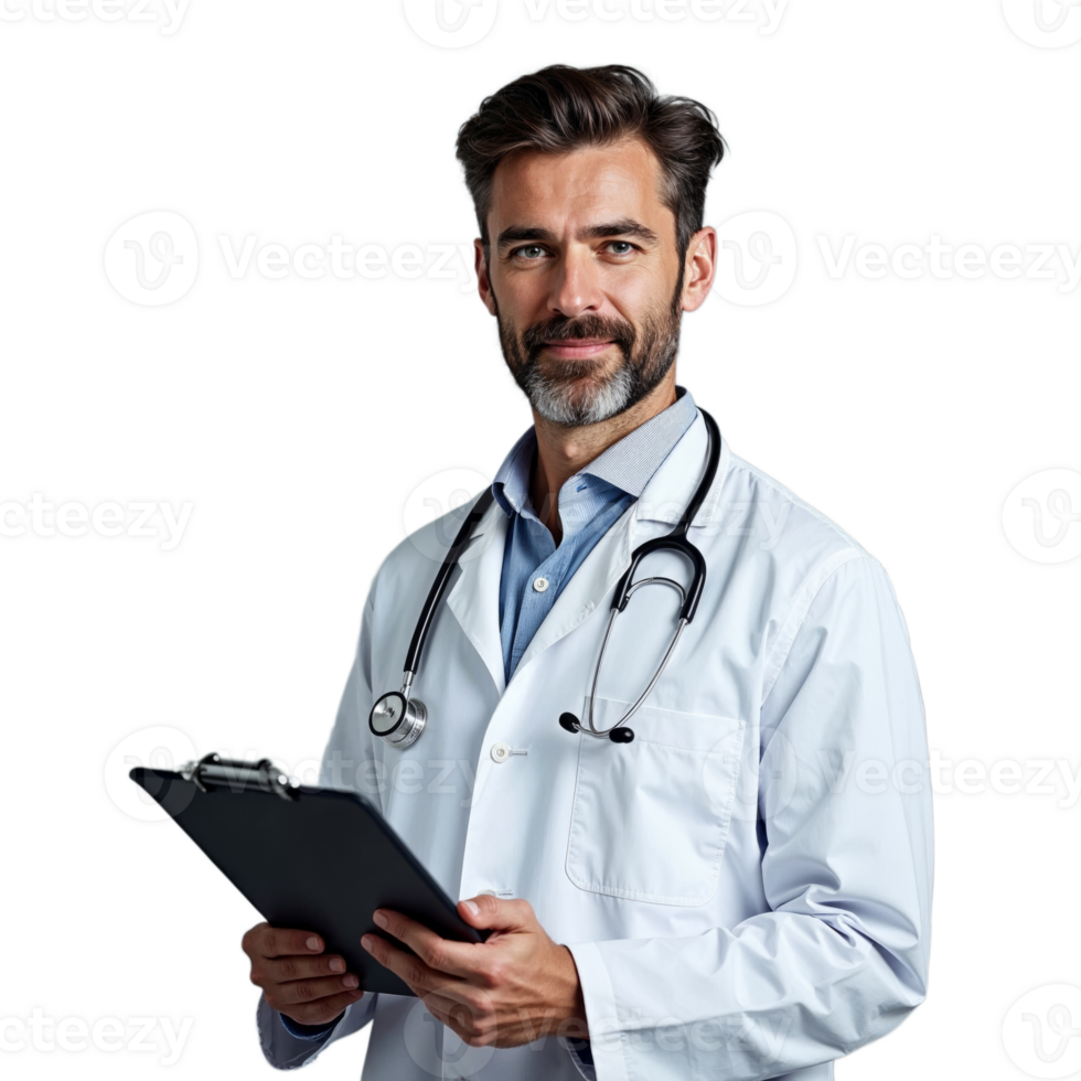 A doctor wearing a white coat holds a clipboard and looks directly at the camera png