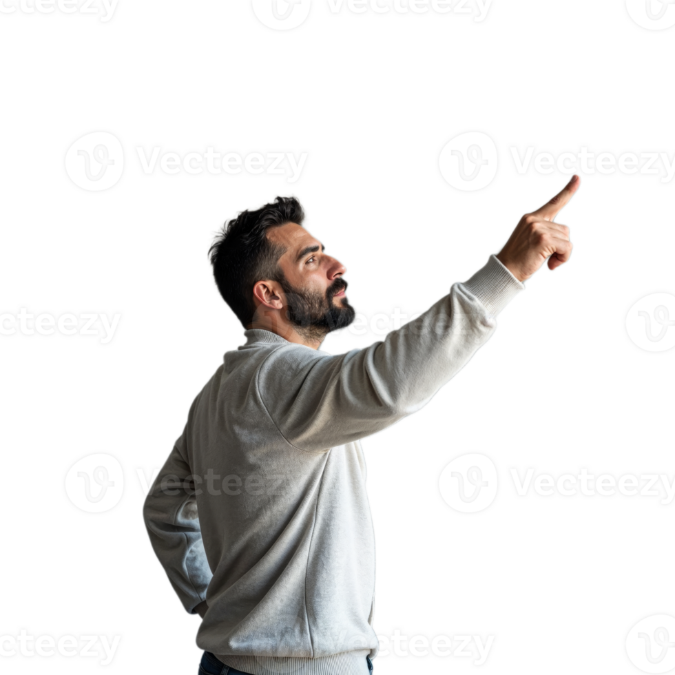 A man with a beard points upwards while looking at something above him png