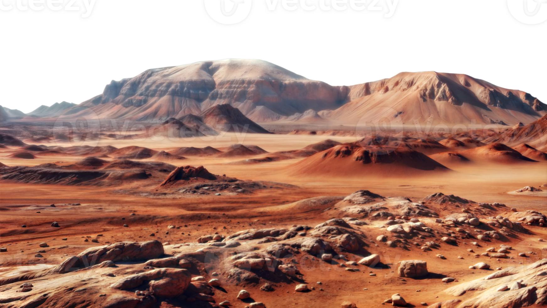 Barren Martian landscape with rocky terrain and distant mountains png