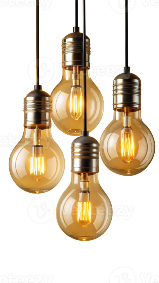 Set of retrostyle light bulbs hanging in a row, emitting a warm, vintage glow png
