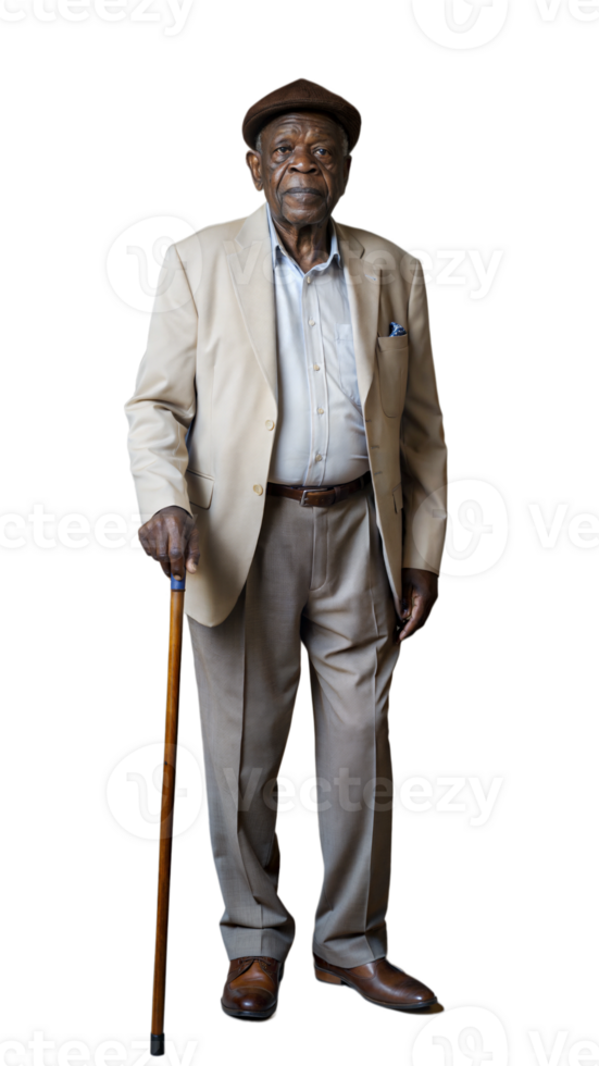 Elderly Black man in a suit with a cane, standing with confidence and dignity png