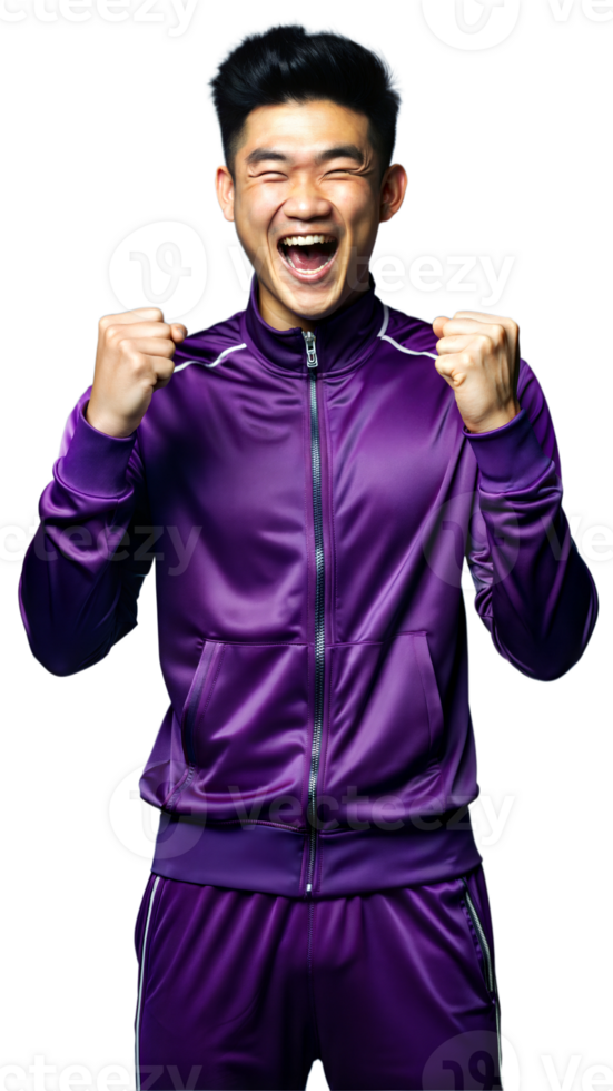 Excited young Asian man in purple tracksuit, celebrating with fists raised in joy png