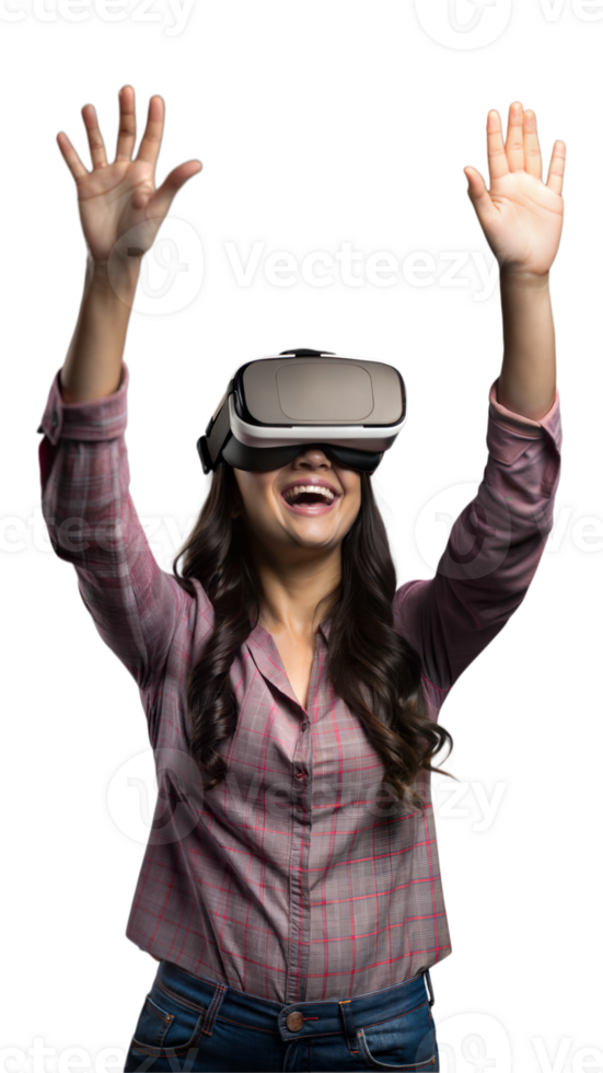 Woman with VR headset raising hands in excitement, fully immersed in virtual reality png